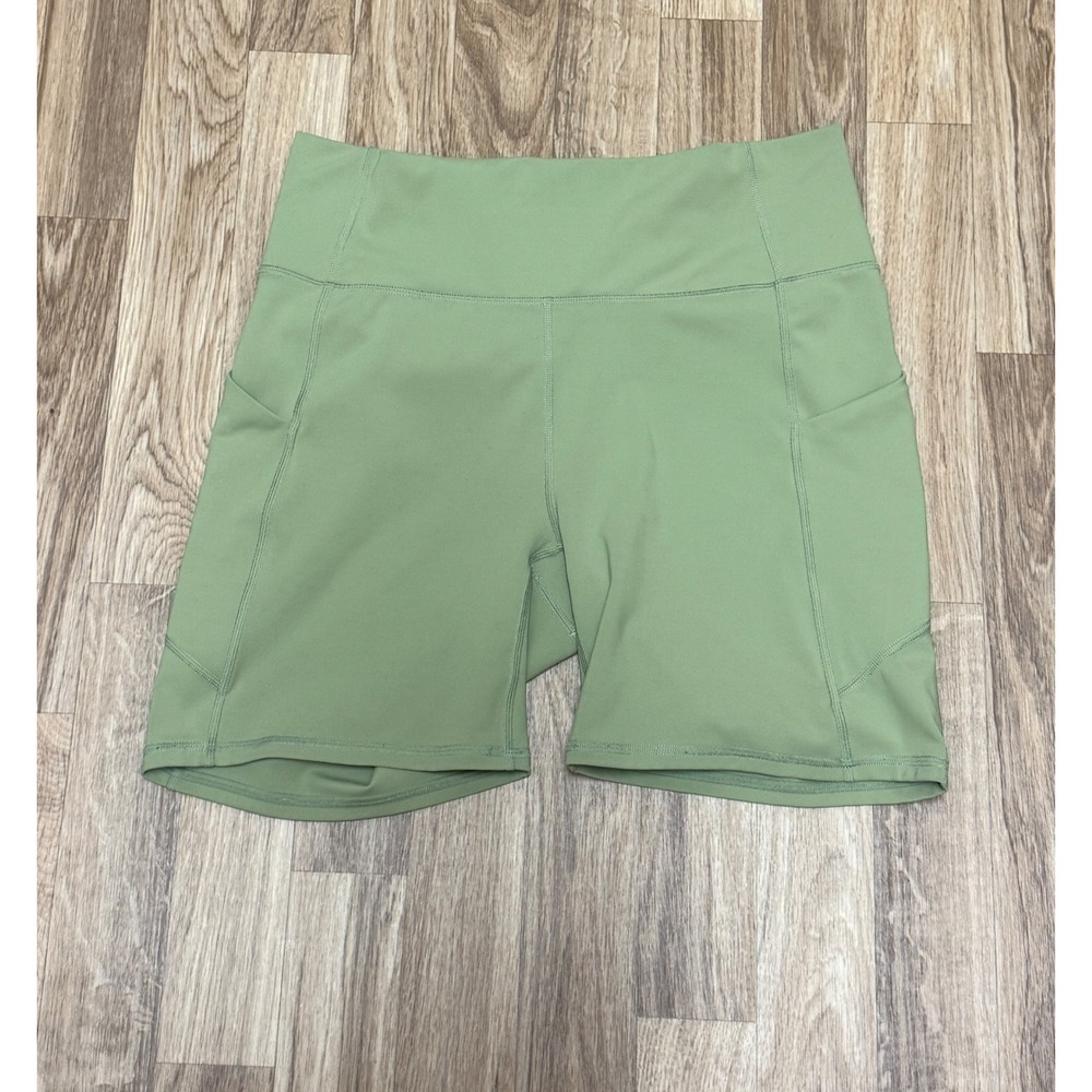 Fabletics PureLuxe High Waisted Biker Shorts Green Pockets Large